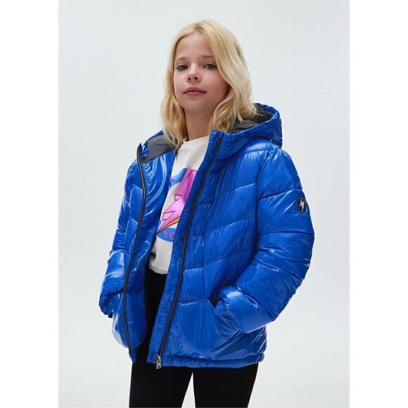 Mayoral Blue Metallic puffer jacket recycled fibers girl power size 8 - Picture 1 of 10